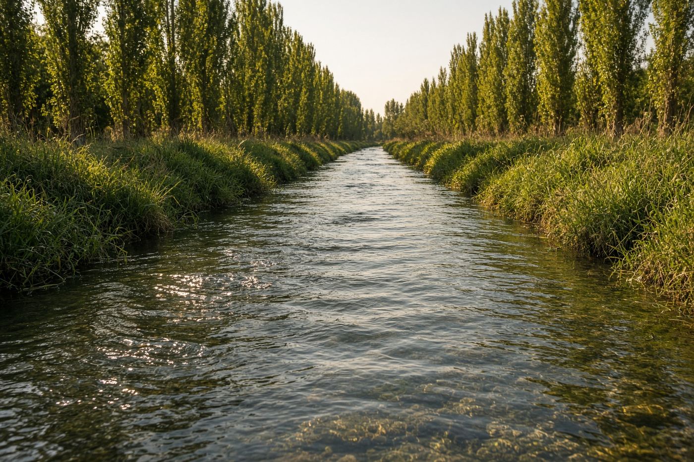 Agua de un canal de riego entre pastos y álamos